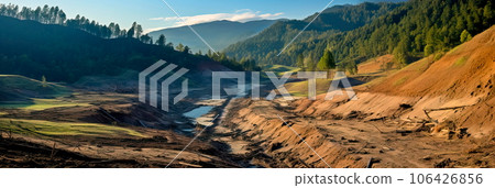 deforested hillside with eroded soil, leading to landslides and habitat loss. Generative AI 106426856