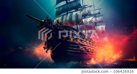 pirate ship emerging from the fog with ominous figures on deck. Generative AI 106426916