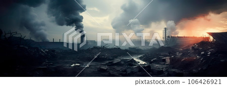 industrial factory spewing thick, black smoke into the atmosphere, contributing to air pollution. Generative AI 106426921