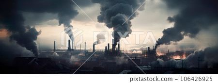 industrial factory spewing thick, black smoke into the atmosphere, contributing to air pollution. Generative AI 106426925