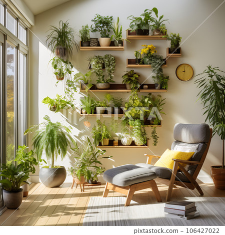 Vertical gardening in the apartment. Scandinavian interior style.  106427022