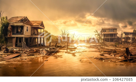 City destroyed by storm and rain at sunset, flood and natural disaster City destroyed by storm and rain at sunset, flood and natural disaster 106427085