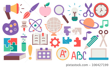 Back to school. A set of flat icons of stationery for studying at school. Collection of isolated education colorful kids accessory. vector object stuff design. cartoon graphic patch element children 106427199