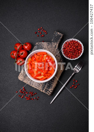 Delicious fresh saute sweet bell pepper slices with onion, salt, spices and herbs Delicious fresh saute sweet bell pepper slices with onion, salt, spices and herbs 106427437