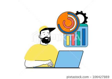 Digital business concept with people scene in flat web design. Man analyzing financial graphs and sales chart of e-commerce company. Vector illustration for social media banner, marketing material. Digital business concept with people scene in flat web design. Man analyzing financial graphs and sales chart of e-commerce company. Vector illustration for social media banner, marketing material. 106427869