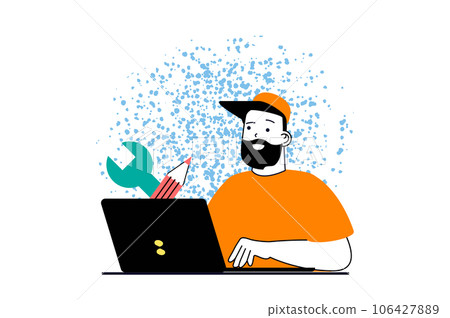 Designer agency concept with people scene in flat web design. Man works as illustrator and drawing digital arts and content at laptop. Vector illustration for social media banner, marketing material. Designer agency concept with people scene in flat web design. Man works as illustrator and drawing digital arts and content at laptop. Vector illustration for social media banner, marketing material. 106427889