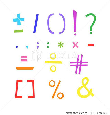 Punctuation marks, period, ampersand, question, exclamation, brackets hand drawn symbols, typography vector illustration, orthography, text separation 106428022