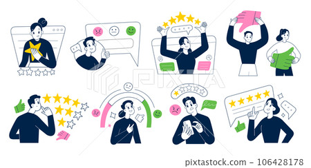 People leave feedback, users write reviews in mobile applications, comment on social media, rate services, 5 stars rating, vector illustrations 106428178
