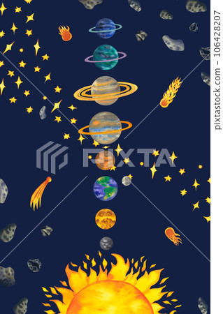 Watercolor cosmos poster with planets of the solar system mercury, venus, earth, mars, jupiter, saturn, uranus, neptune and luna with stars, comets and asteroids. Cosmos astronomy illustration. Hand 106428207