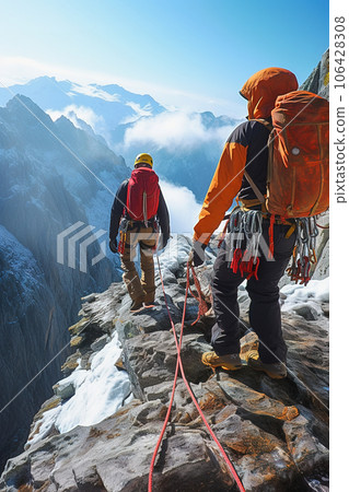 Mountain climbers with equipment go into the mountains. Mountain climbers with equipment go into the mountains. 106428308