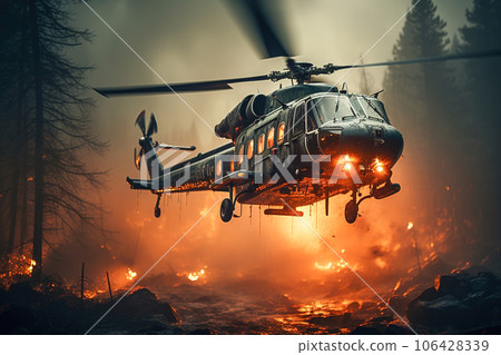 A rescue helicopter flies over wildfires. A rescue helicopter flies over wildfires. 106428339