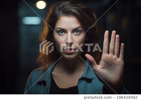 Woman showing stop sign, disagree, rejecting 106428482
