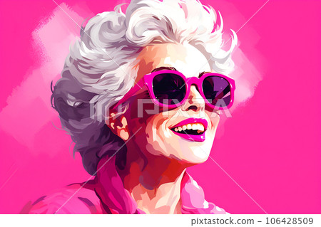Happy old woman with pink sunglasses, wrinkled skin, portrait on pink background. Concept about lifestyle, seniority and elderly people 106428509