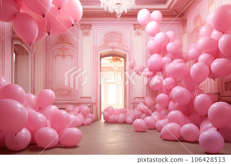 Room decorated with pink balloons 106428513