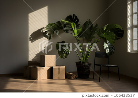 Monstera in a pot and boxes in an empty room with copyspace. Moving or relocation concept Monstera in a pot and boxes in an empty room with copyspace. Moving or relocation concept 106428537