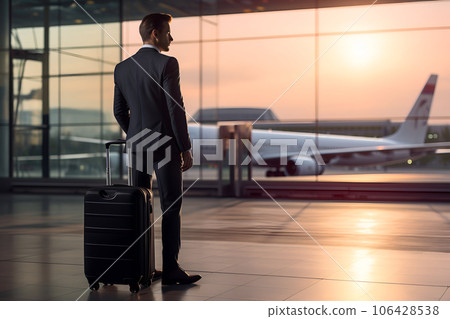 Back view of business man in suit with suitcase luggage bag in the airport 106428538