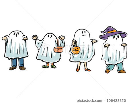Illustration set of people wearing ghost cloth, hand-drawn 106428850