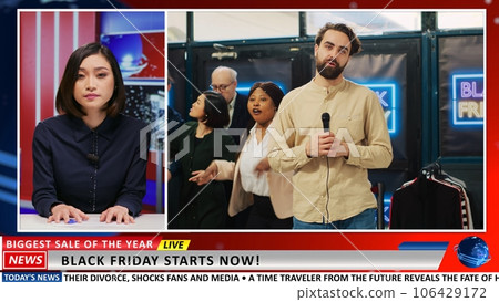 Media presenter talks about crazy people shopping on blank friday, footage of sales madness in stores. International female broadcaster addressing breaking news events in november. 106429172