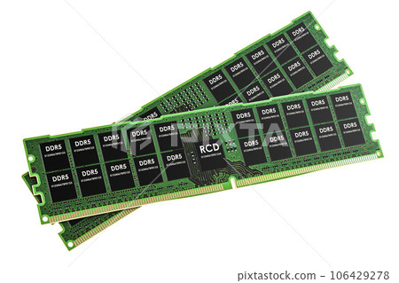 DDR5, memory module cards. 3D rendering DDR5, memory module cards. 3D rendering 106429278