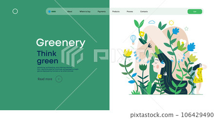 Greenery, ecology -modern flat vector concept illustration of a mural of a woman, surrounded by plants. Metaphor of environmental sustainability and protection, closeness to nature 106429490