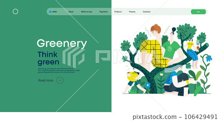 Greenery, ecology -modern flat vector concept illustration of people on a tree, surrounded by plants. Metaphor of environmental sustainability and protection, closeness to nature 106429491