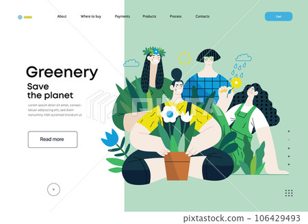 Greenery, ecology -modern flat vector concept illustration of people surrounded by plants and flowers. Metaphor of environmental sustainability and protection, closeness to nature Greenery, ecology -modern flat vector concept illustration of people surrounded by plants and flowers. Metaphor of environmental sustainability and protection, closeness to nature 106429493