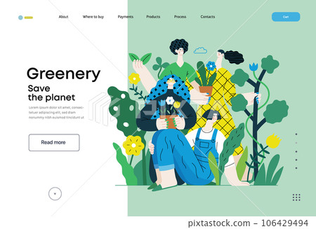 Greenery, ecology -modern flat vector concept illustration of people surrounded by plants and flowers. Metaphor of environmental sustainability and protection, closeness to nature 106429494
