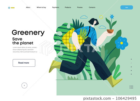 Greenery, ecology -modern flat vector concept illustration of a woman running with a eco bag and a flower in the pot. Metaphor of environmental sustainability and protection, closeness to nature Greenery, ecology -modern flat vector concept illustration of a woman running with a eco bag and a flower in the pot. Metaphor of environmental sustainability and protection, closeness to nature 106429495