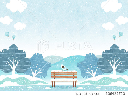 雪冬公園長凳和小鳥自然景觀水彩背景圖 雪冬公園長凳和小鳥自然景觀水彩背景圖 106429720