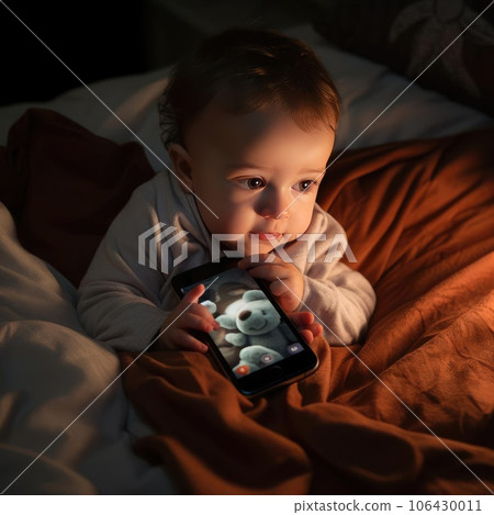 Small child lying in bed with smartphone Small child lying in bed with smartphone 106430011