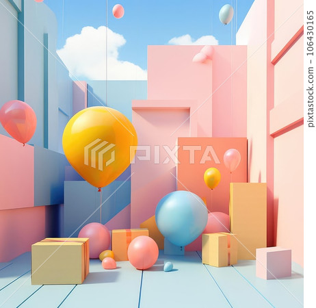 Minimalistic scene of multi-colored 3D primitives 106430165
