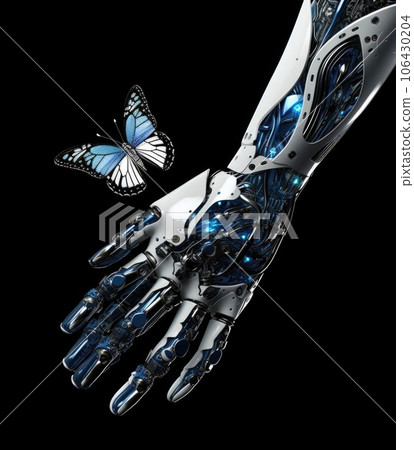 Hand of robot girl holding a butterfly Hand of robot girl holding a butterfly 106430204