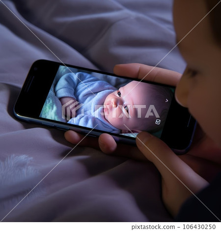 Small child lying in bed with smartphone 106430250