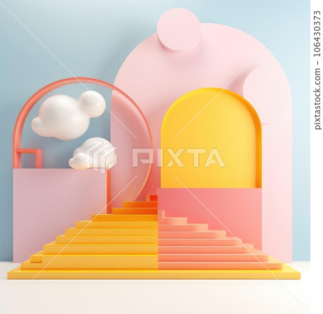 Minimalistic scene of multi-colored 3D primitives 106430373