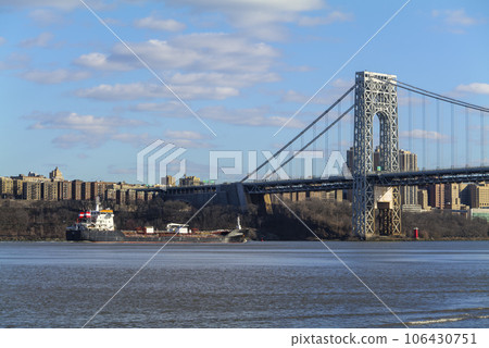 Hudson River Park in New Jersey, view to New York City in sunny spring day Hudson River Park in New Jersey, view to New York City in sunny spring day 106430751