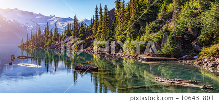 Glacier Lake with trees and Canadian Mountain Landscape. Garibaldi Lake, Whistler, BC, Canada. Glacier Lake with trees and Canadian Mountain Landscape. Garibaldi Lake, Whistler, BC, Canada. 106431801