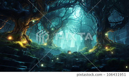 Ethereal Nexus: Glowing Vines and Roots Uniting the Techno Jungle Realms 106431951