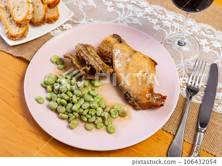 roasted rabbit with green mung beens roasted rabbit with green mung beens 106432054