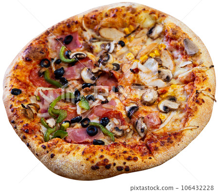 Delicious double pizza with different sets of ingredients on slices Delicious double pizza with different sets of ingredients on slices 106432228