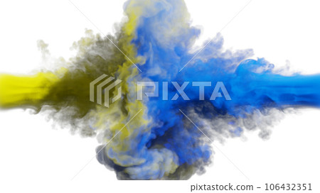 Puffs of yellow and blue smoke collide against a white background. 3d illustration. Ukrainian flag. Puffs of yellow and blue smoke collide against a white background. 3d illustration. Ukrainian flag. 106432351