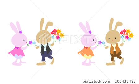 A cute rabbit couple giving a bouquet of flowers on a date 106432483