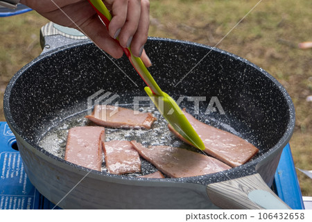 Fried Bologna on pan , Breakfast Fried Bologna on pan , Breakfast 106432658