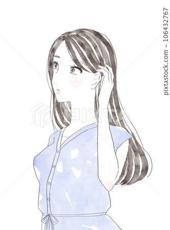 有她的頭髮的一名婦女在她的耳朵 106432767