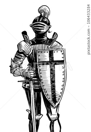 Medieval knight in armor. Retro styled ink black and white drawing 106433284