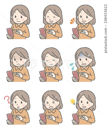 Facial expression set of a young woman who operates a smartphone (plain clothes) Facial expression set of a young woman who operates a smartphone (plain clothes) 106433622