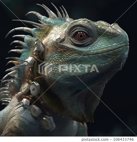An iguana head that is a futuristic machine of the future world. Reptile. Wildlife Animals. Illustration, Generative AI. 106433746