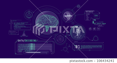 Brain research futuristic interface screen with data decoding. Brain research futuristic interface screen with data decoding. 106434241