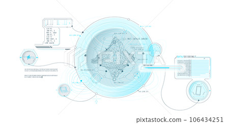 Futuristic geoscience HUD interface design with data decoding. Futuristic geoscience HUD interface design with data decoding. 106434251