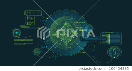 Futuristic geoscience HUD interface design with data decoding. Futuristic geoscience HUD interface design with data decoding. 106434285