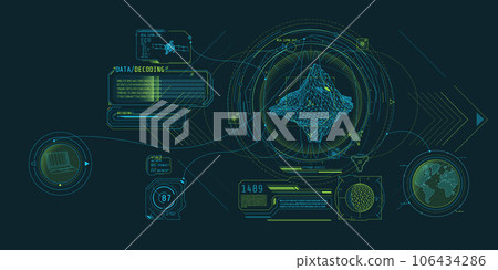 Futuristic geoscience software screen design with data decoding. 106434286